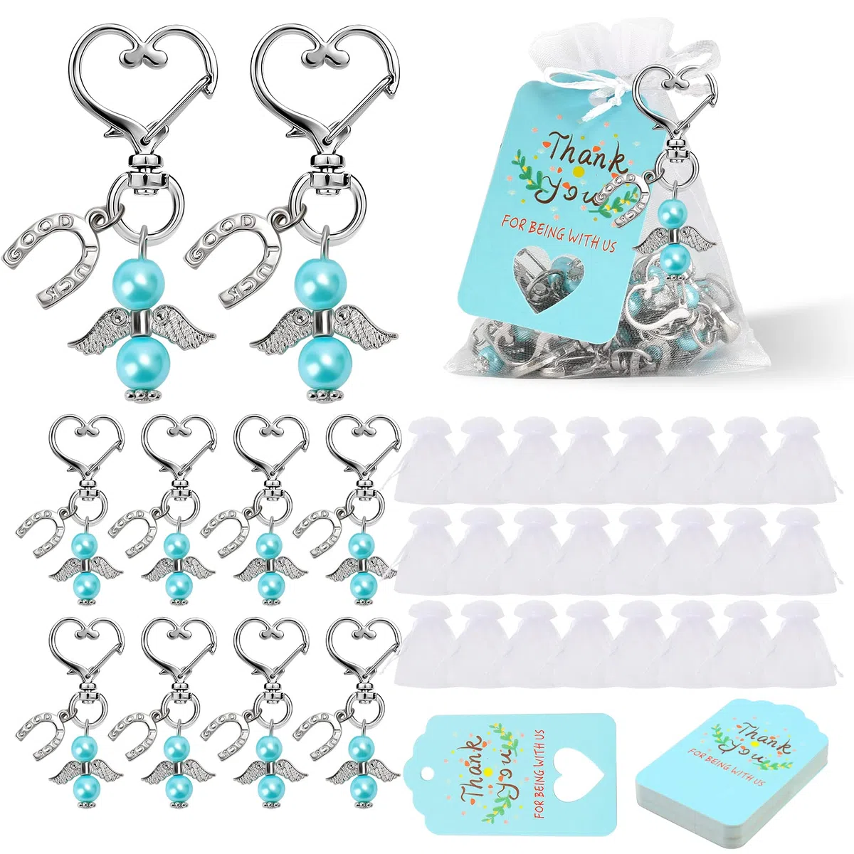 UMILKI 24 Pezzi Angioletti Bomboniere Portachiavi, Ciondoli Angelo con Portachiavi, Sacchetto in Organza, Carta Kraft, DIY Ciondoli Matrimonio per Battesimo Bomboniera Cresima Regalo di Comunione