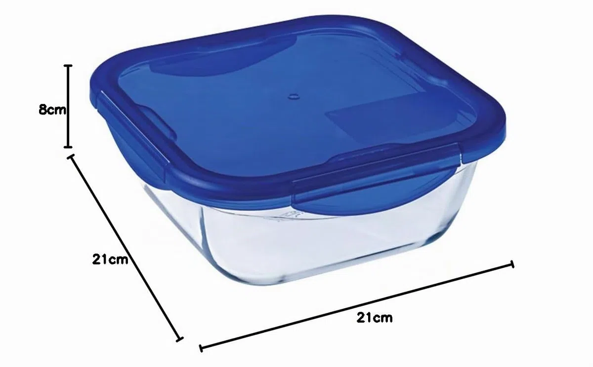 Pyrex Padella multiuso quadrata Cook & Go con coperchio ermetico, trasparente e blu, 21 x 21 x 8 cm, 1,9 L