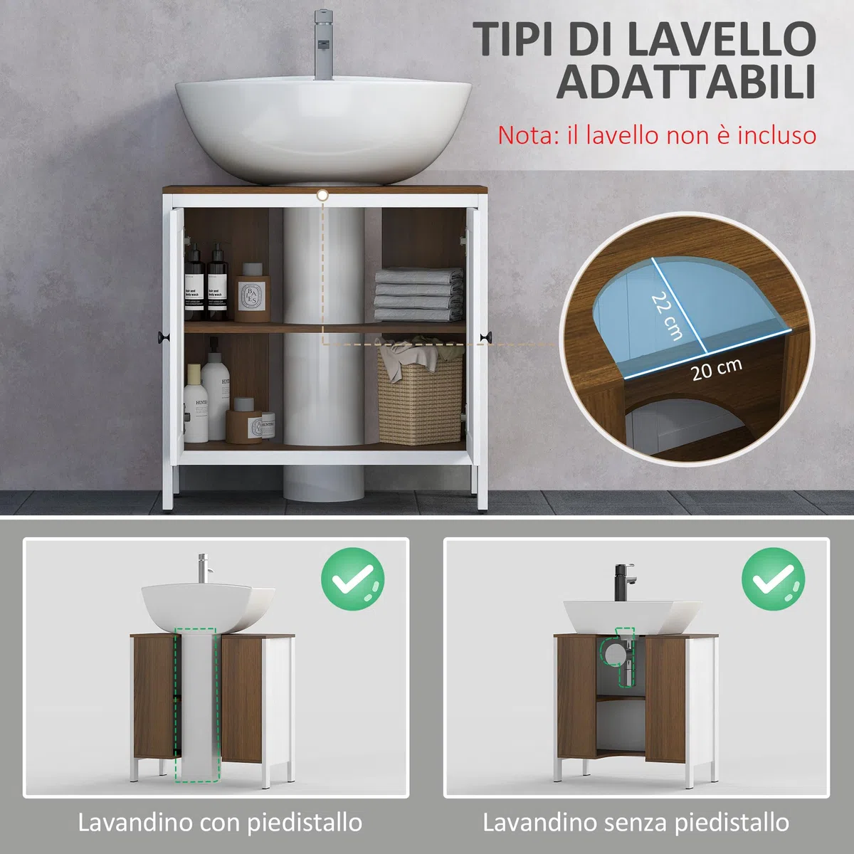 kleankin Mobile Sotto Lavabo Bagno a U con Ripiano Interno Regolabile e 2 Ante, Mobiletto Bagno in Truciolato, per Lavabi con o senza Colonna, 60x30x60 cm, Bianco e color Noce
