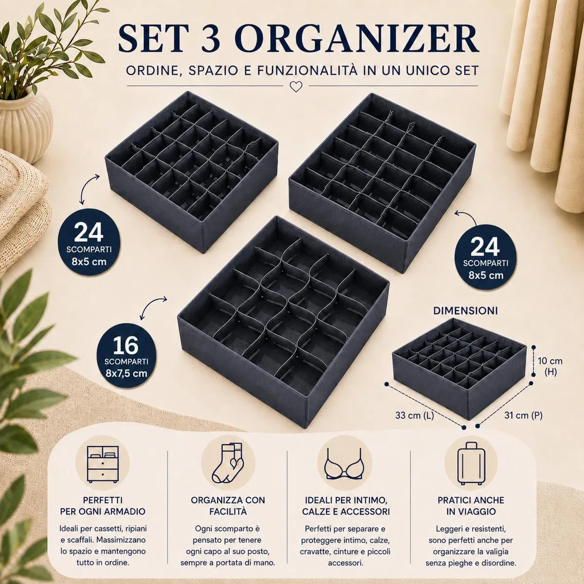3 Pezzi Organizer Cassetti Biancheria - Divisori per Cassetti in Tessuto Pieghevoli - Set Salvaspazio da 64 Scomparti (2x24+1x16) per Armadio e Guardaroba - per Intimo, Calze, Cinture e Accessori