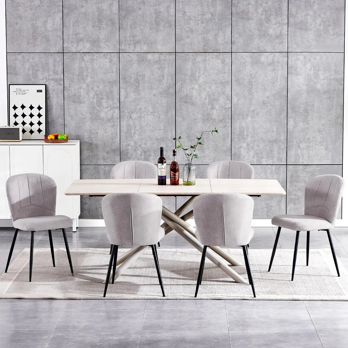 Set di 6 Sedie Sala da Pranzo, Sedie da Cucina, Sedia Imbottita, Schienale in Tessuto con Gambe in Metallo Nero per Sala da Pranzo, Cucina, Grigio Pallido.