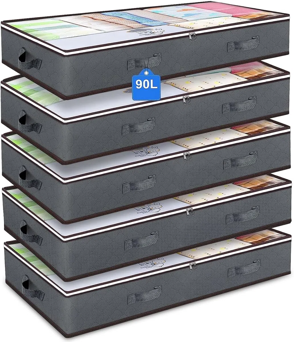 Set di 5 Contenitori Sottoletto-90L,100×50×18cm,contenitori pieghevoli con finestra trasparente,Maniglie rinforzate e cerniera a due vie–perfetti per trapunte,coperte,abiti stagionali.