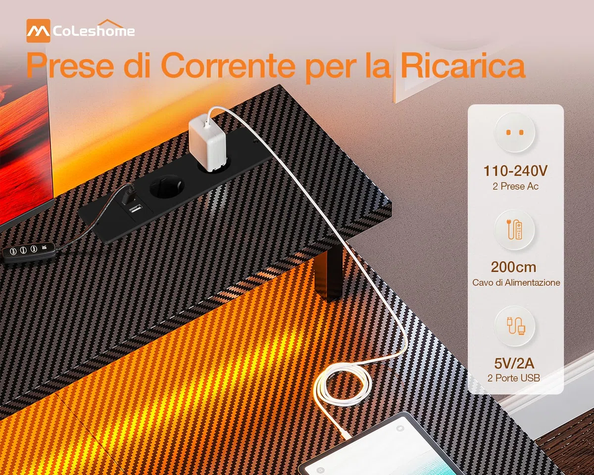 Coleshome Scrivania Gaming con LED, 120x50cm Scrivania Computer con 2 Prese e 2 Porte USB, PC Scrivania con Supporto Monitor e Ripiani di Archiviazione, Scrivania per Ufficio Casa, Nero
