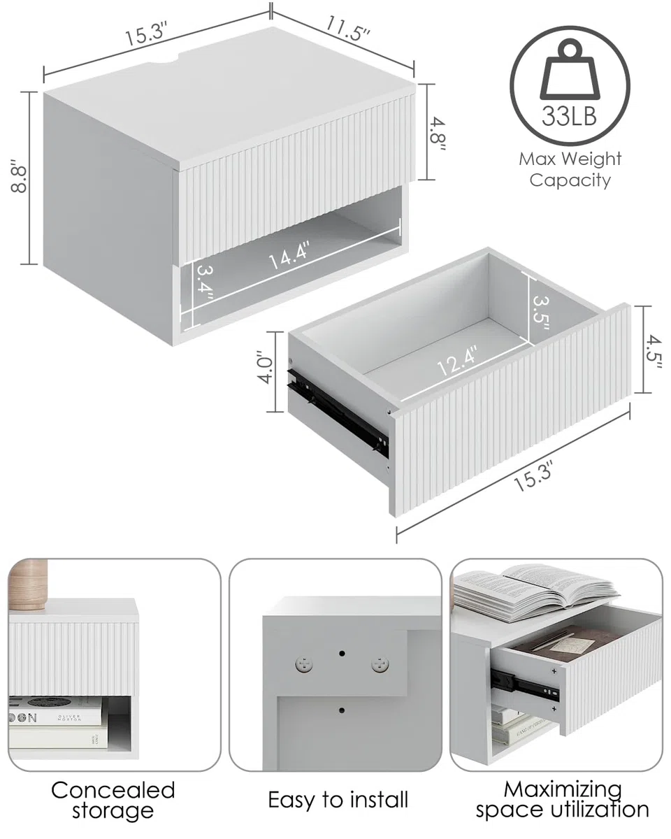 HEYZOEY Comodino sospeso, piccolo comodino mobile moderno con cassetto, scaffali galleggianti per camera da letto, bagno, bianco