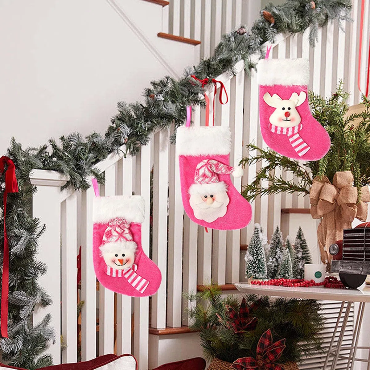 3 PCS Mini Calze Natalizie da Appendere, 17x9cm Piccoli Calze di Natale, Rosa Personalizzate Calza Befana Vuota, Candy Sacchetti Regalo per Albero di Natale Decorazione