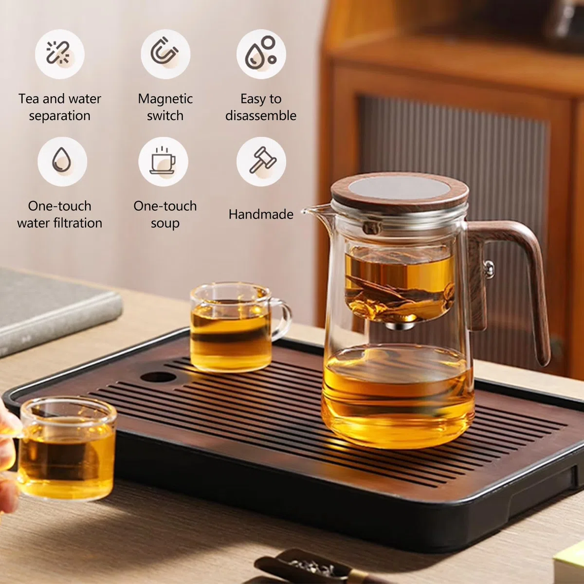 Teiera in Vetro con Infusore Ysislybin, Teiera Magica con Separazione dell'Acqua e Manico in Finta Legno, 800 ml