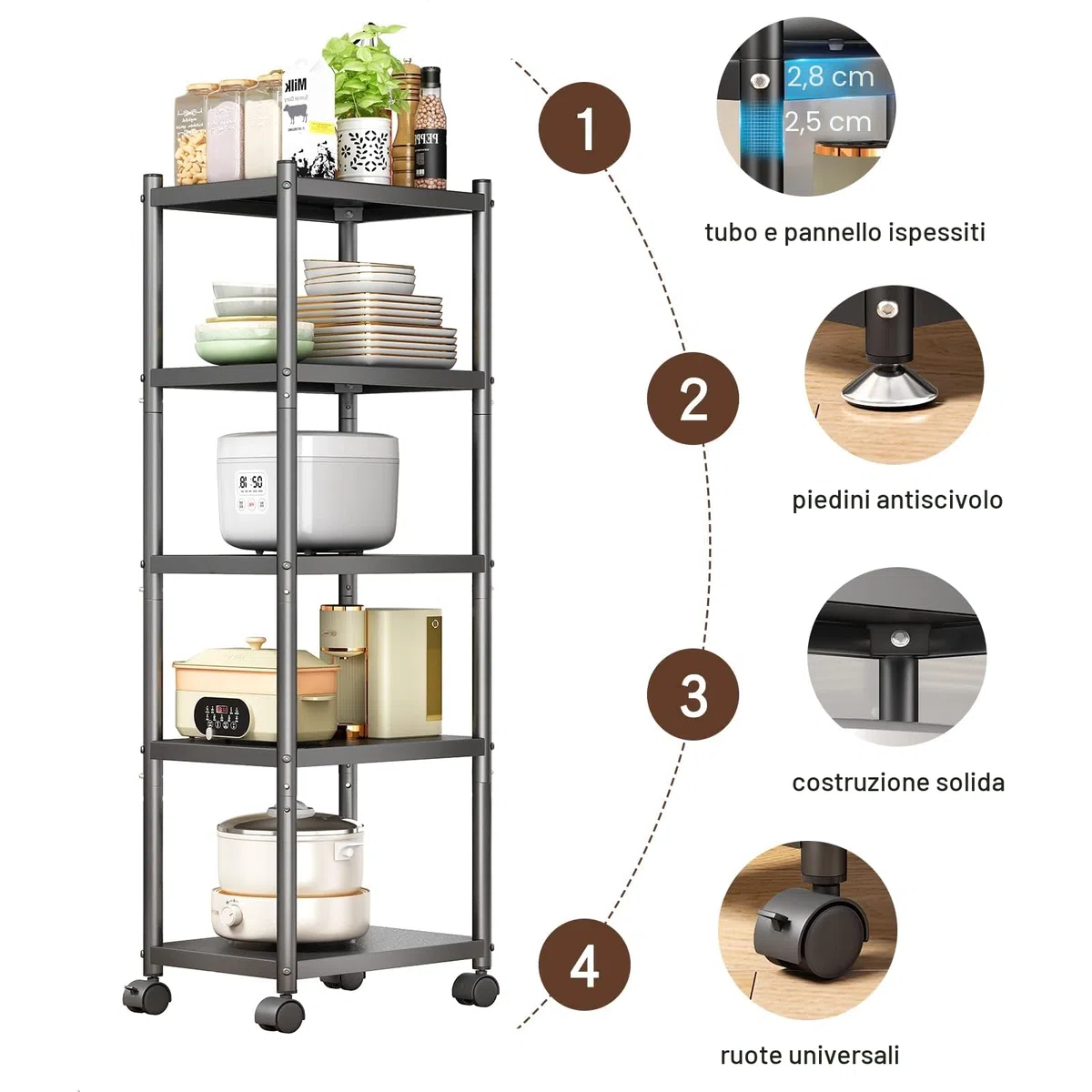 SAYZH Scaffale a 5 ripiani, in metallo resistente, multifunzione, con ruote e piedini antiscivolo, per garage, cucina, ufficio, libreria, angolo, nero
