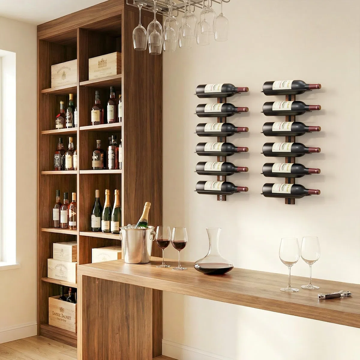 B4Life, Portabottiglie da parete in legno, ideale per 12 bottiglie di vino, per cucina, sala da pranzo, bar