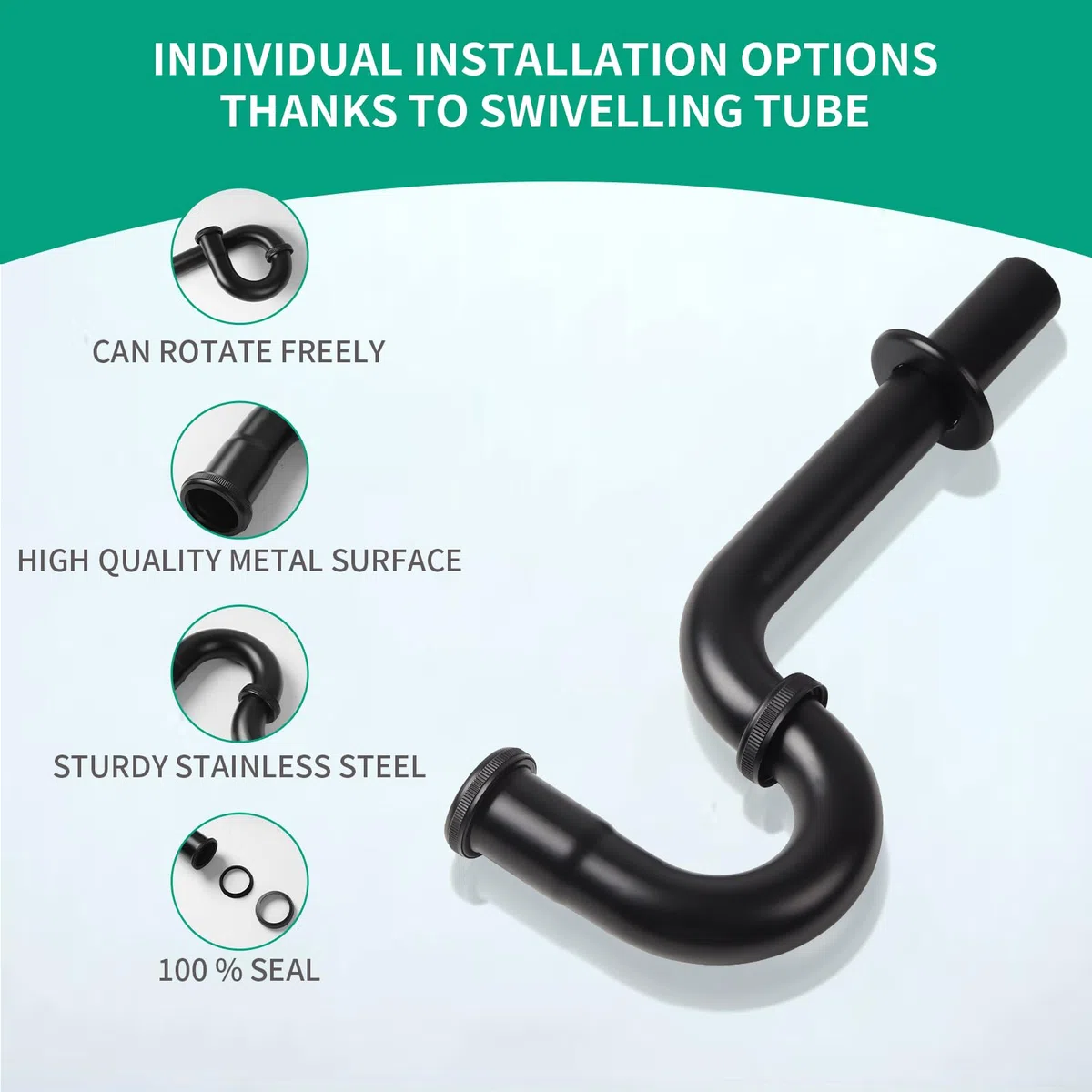 Sifone Lavabo Bagno - Lavello universale a Scarico Lavandino Bagno da 1 1/4" x 32 mm, Tubo di scarico in acciaio inox per Sifone Lavandino Bagno e Cucina (Nero - Lunghezza Standard)