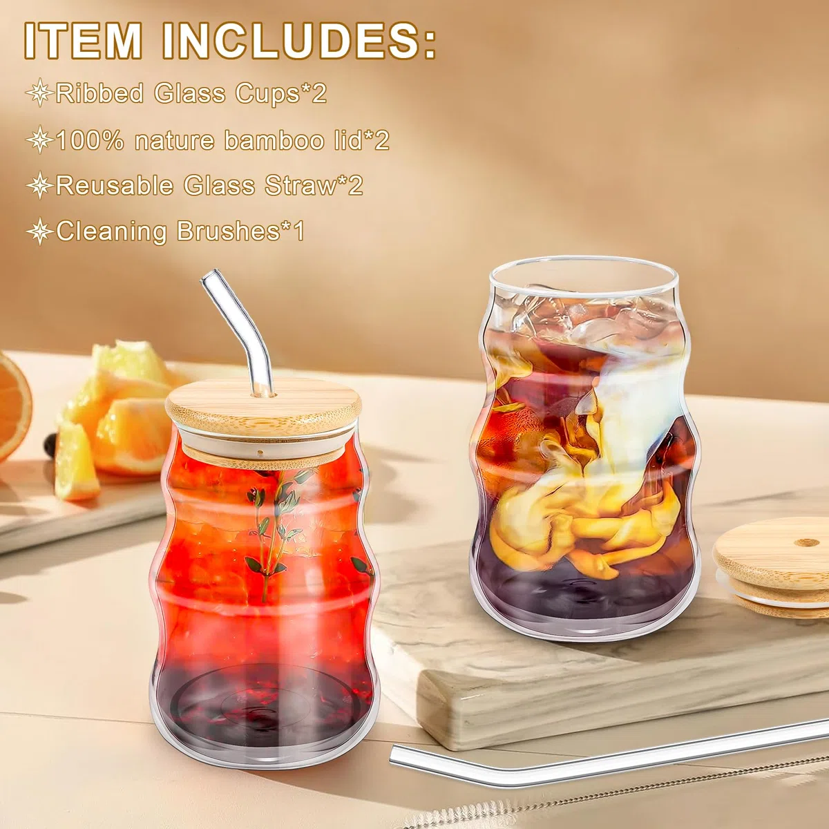 2 Pezzi Latte Macchiato Bicchieri da Caffè, 530ML Tazze in Vetro Ondulato, Bicchieri da Tè, con Coperchio e Cannuccia in Vetro e Pennello, per Tè, Birra, Latte, Caffè, Cocktail