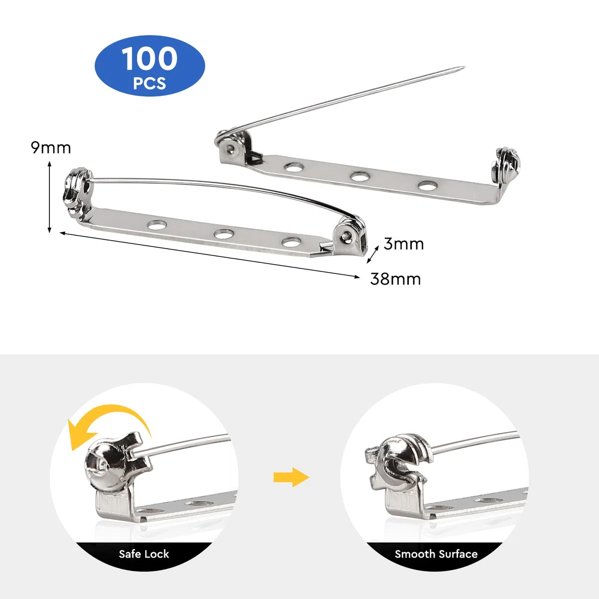 SWAWIS 100 Pezzi Spille da Balia, 38mm Spille Metalliche con Blocco di Sicurezza Ruotato, Pins di Sicurezza per DIY Artigianato Gioielli Matrimonio