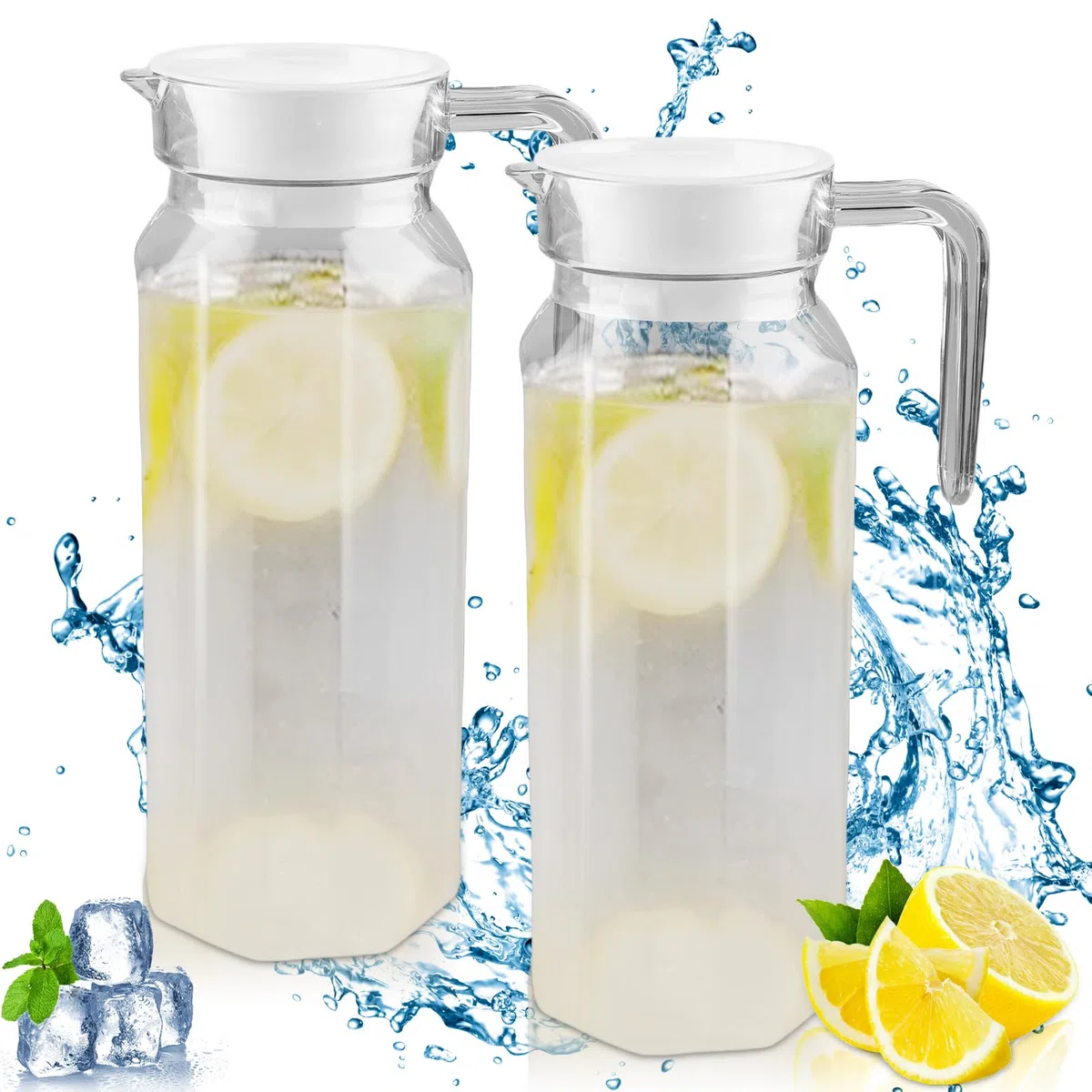 2 Brocche in Acrilico Con Coperchio, 1,1 Litri, per Succhi di Frutta, Bibite, Latte, Tè Freddo, Limonata