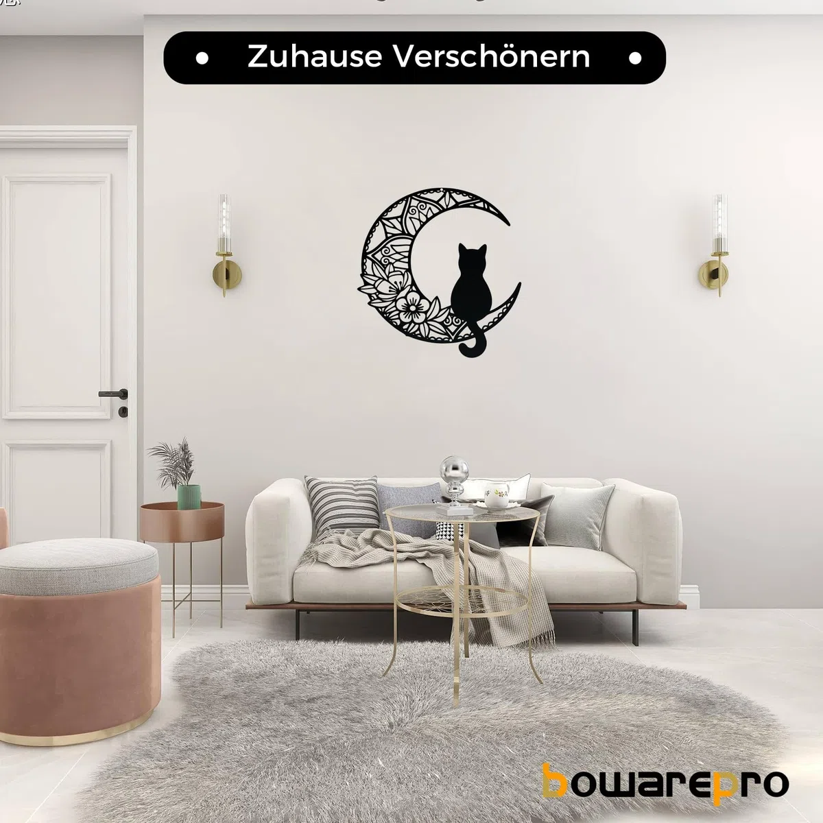 Bowarepro 1 Pezzo in Metallo Gatto e Luna, Decorazione da Parete, Decorazione per Casa, Interni ed Esterni