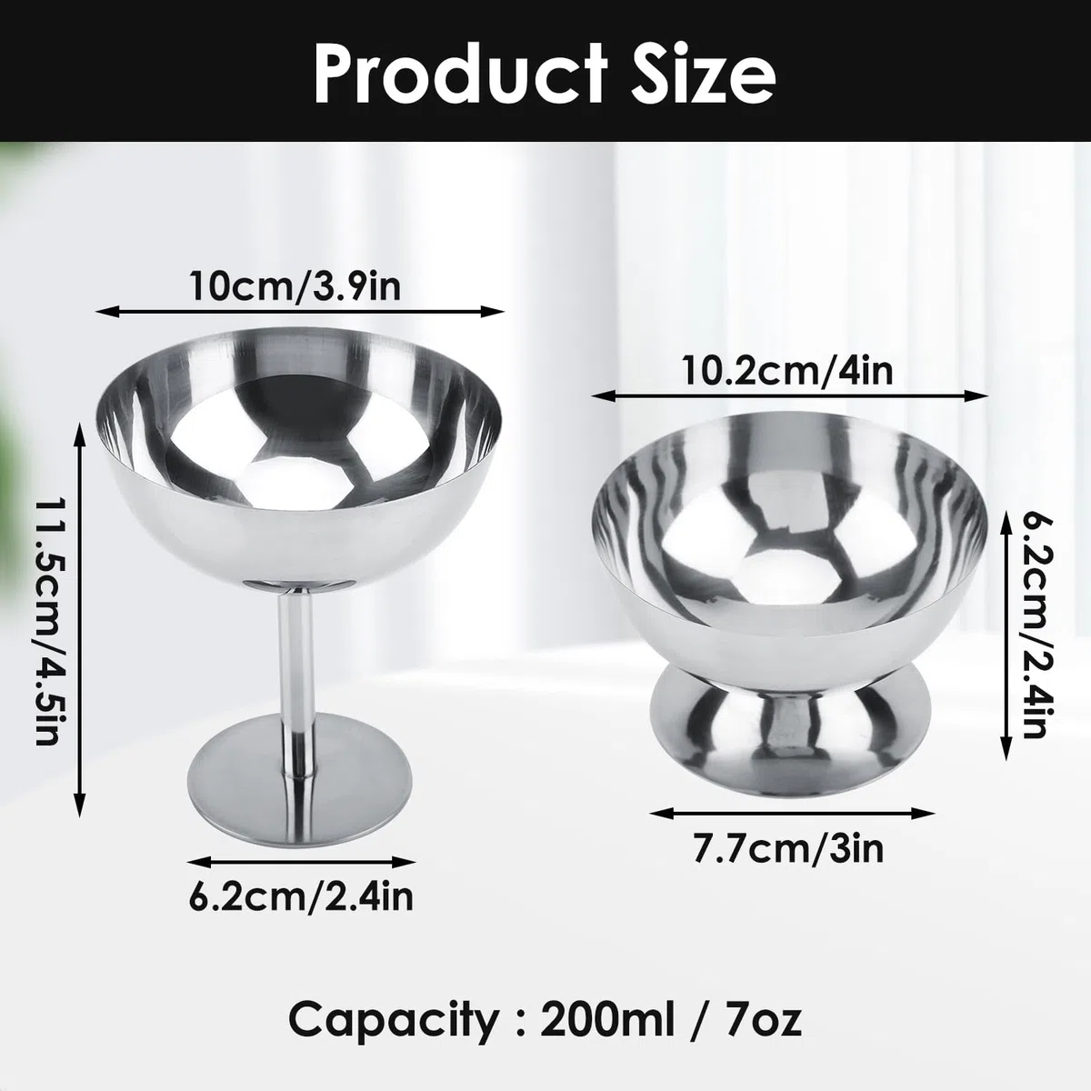 4 Pezzi Coppe Gelato, Ø 10cm 200ml Tazza per Gelato in Acciaio Inossidabile Vintage Ciotola per Gelato Rotondo da Dessert con Piede, Bicchieri da Gelato Yogurt Snack Tazze Caramelle Ciotele (Tall)
