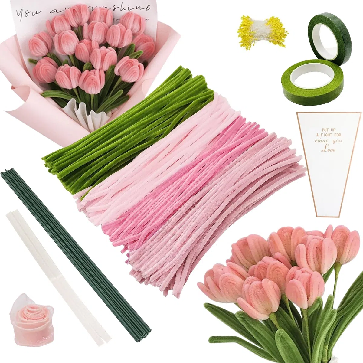 Set di 400 Scovolini con Fiori, Scovolini per Fai-da-te con Gambi, Stami, Nastro Floreale, Borsa Bianca per Fiori, Scovolini DIY per Tulipani & Idee Creative (Rosa)