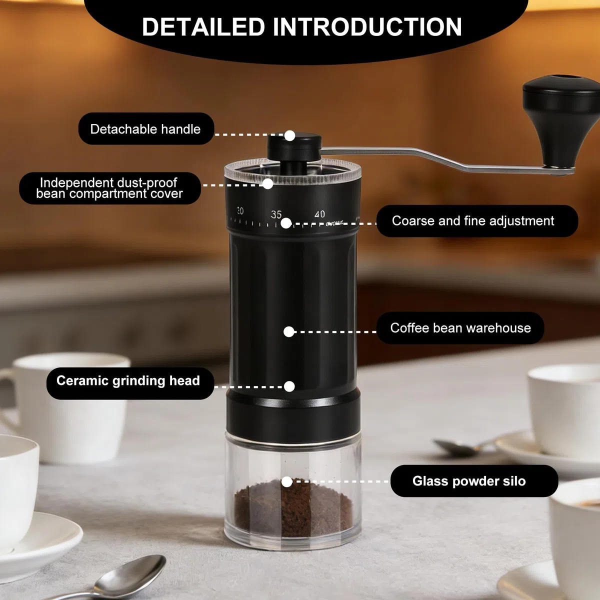 Macinacaffè Manuale, Macina Caffè Manuale con 40 Impostazioni Regolabili, Coffee Grinder Portatile per Espresso, Moka, French Press, Macina Caffè per per Viaggio, Campeggio, Ufficio