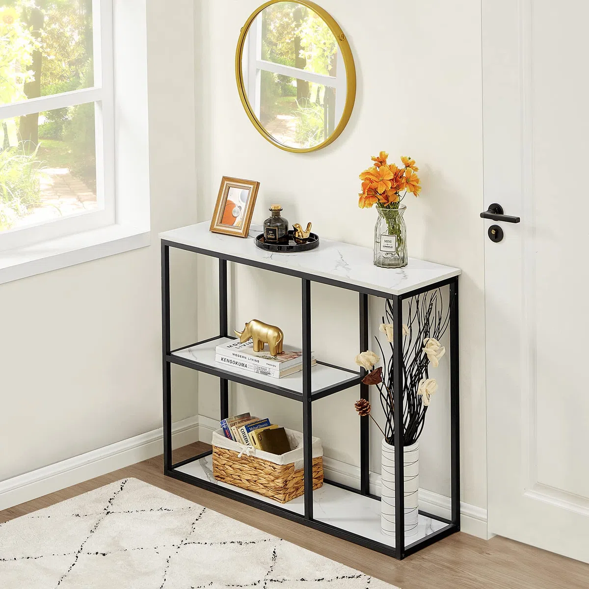 WOHOMO Tavolo consolle da ingresso stretto da 30 cm, per soggiorno, 80 cm, moderno, industriale, con ripiani portaoggetti a 3 ripiani, per corridoio, corridoio, marmo bianco