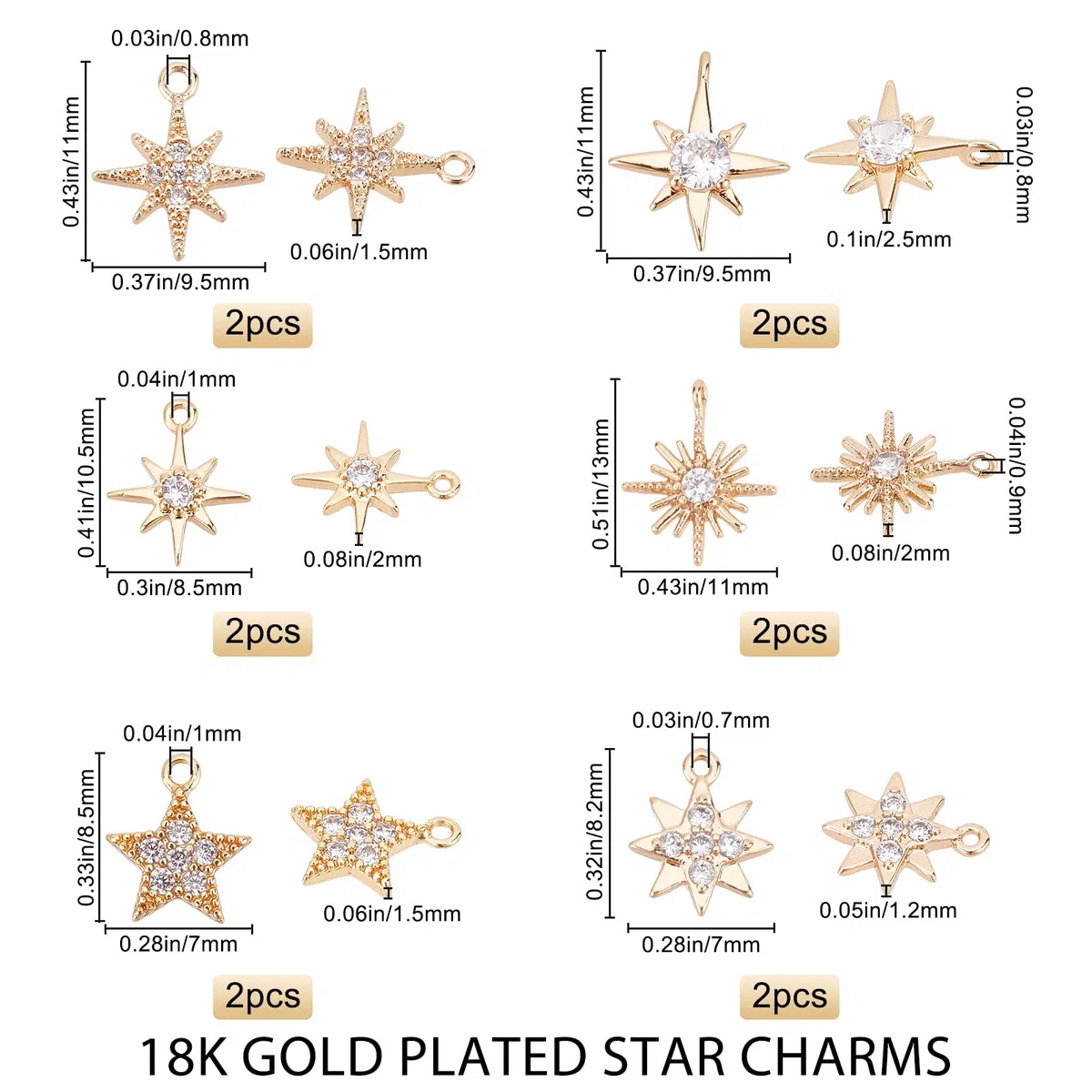 Beebeecraft 12 ciondoli a forma di stella, placcati in oro 18 carati, 6 stili, con zirconia cubica, con anello di salto, per gioielli fai da te, bracciali, collane, orecchini