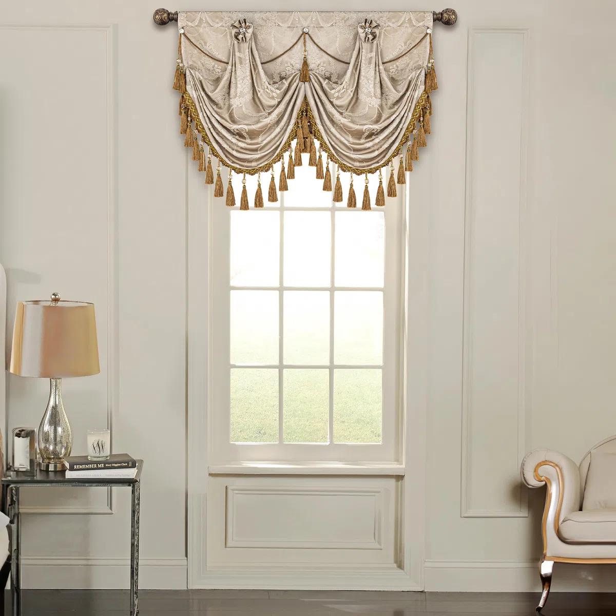 Mantovana a Cascata per Finestre, Mantovana Damascata con Nappe, Tenda Corta Jacquard per Camera da Letto Soggiorno Cucina 1 Pezzo (Larghezza 100cm, Sabbia)