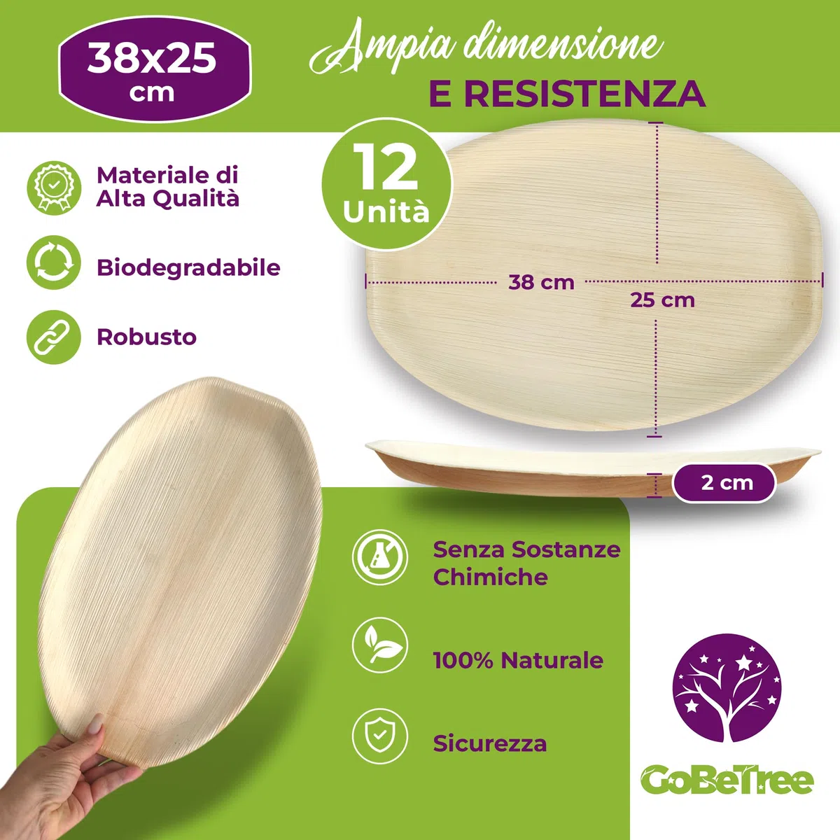 GoBeTree 12 Vassoi Usa e Getta Foglia di Palma 38x25 cm Stile Bambù. Vassoi per Servire, Condividere e Arrosti, Monouso Rustici