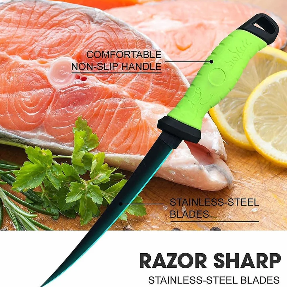 Comioke Coltello per Sfilettare 7", Coltello per Filettare, Coltelli da Disosso con Fodero Ventilato e Affilatore, per Disossare Carne e Pesce (Verde)