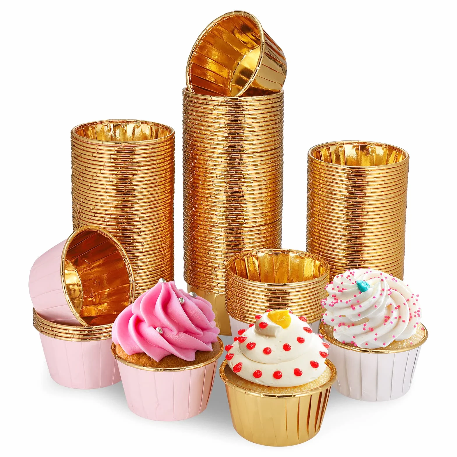 150 Pirottini per Muffin in Carta Anti-Grasso, Confezione Mix Colori Oro/Bianco/Rosa, Formato 68x40 mm, Per Cupcake, Torte, Budini e Dolci, Ideali per Feste, Caffè e Pasticceria