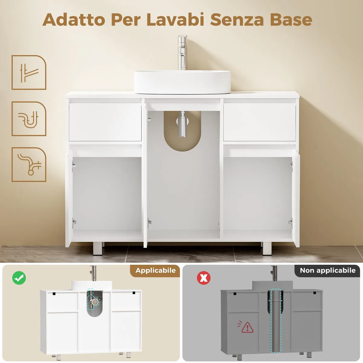 BEWISHOME Mobile Sottolavabo per Bagno, Mobiletto da Bagno, Doppio Cassetto, Tre Ante, Ampia Capacità di Contenimento, Mobile Bagno con Gambe, 90 x 30 x 62,5 cm, Bianco, EYSG01W