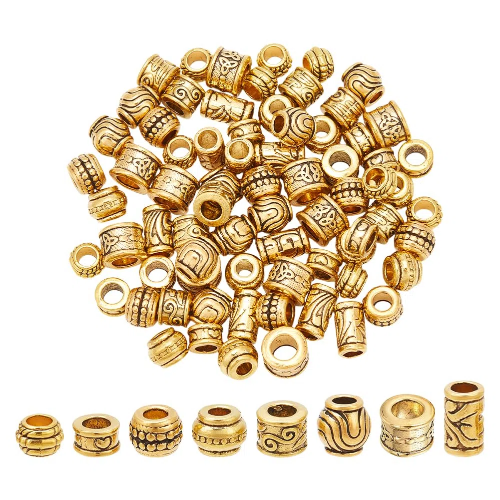 NBEADS 80 pz Perline Europee In Lega, 8 Stili Perline per Capelli Africani Lega Catene Europee Perline per Bracciale Collana Fai Da Te Creazione di Gioielli, Foro Dorato Antico: 5.5-6mm