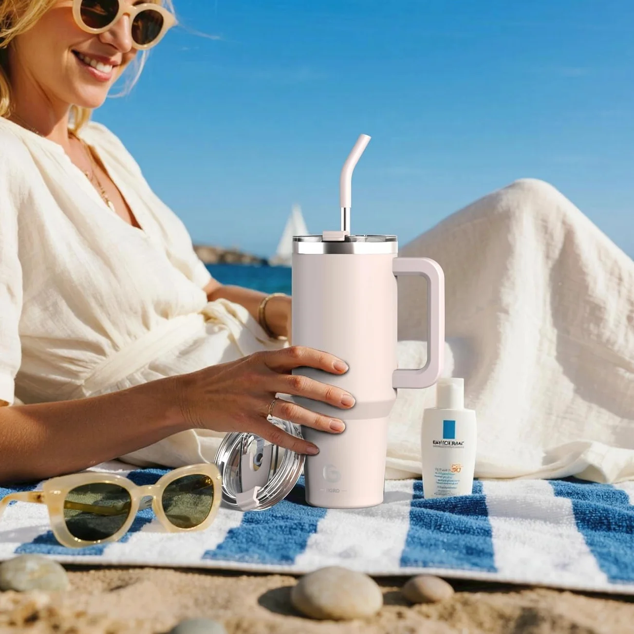 BIGRD Borraccia Termica 1.2L (1200ml) con Cannuccia e Manico - Acciaio Inox Doppia Parete Isolata Sottovuoto, Antigoccia, Senza BPA, per Caffè, Palestra, Ufficio e Viaggio (colore della pelle)