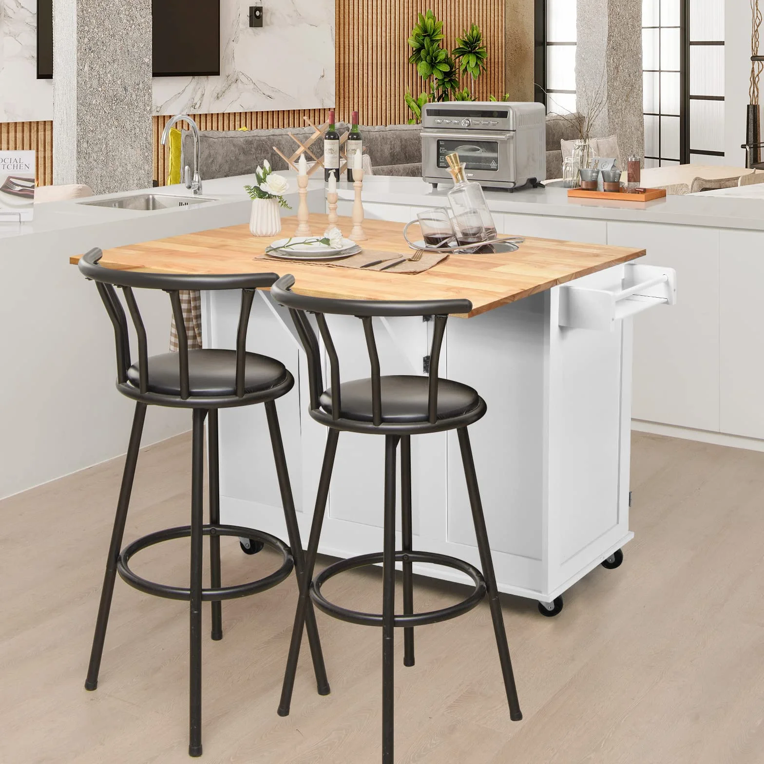 KOMFOTTEU Carrello da Cucina con Pannello Pieghevole Portato fino a 50 kg, Isola da Cucina 43x136x91cm, Carrello Portaoggetti in Legno con Ruote, Multifunzione e Grande, Nero (Bianco)
