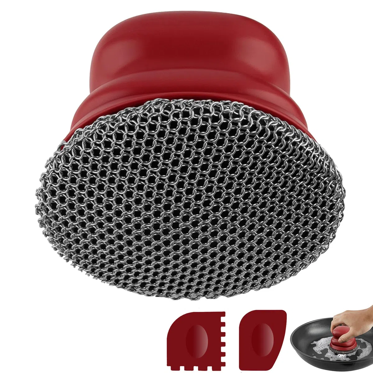 Spazzola per padelle in ghisa, pulitore di pentole con 2 raschietti, spazzola di pulizia a catena per piatti, pentole, padelle, griglie, grill (Rosso puro, anello piccolo)