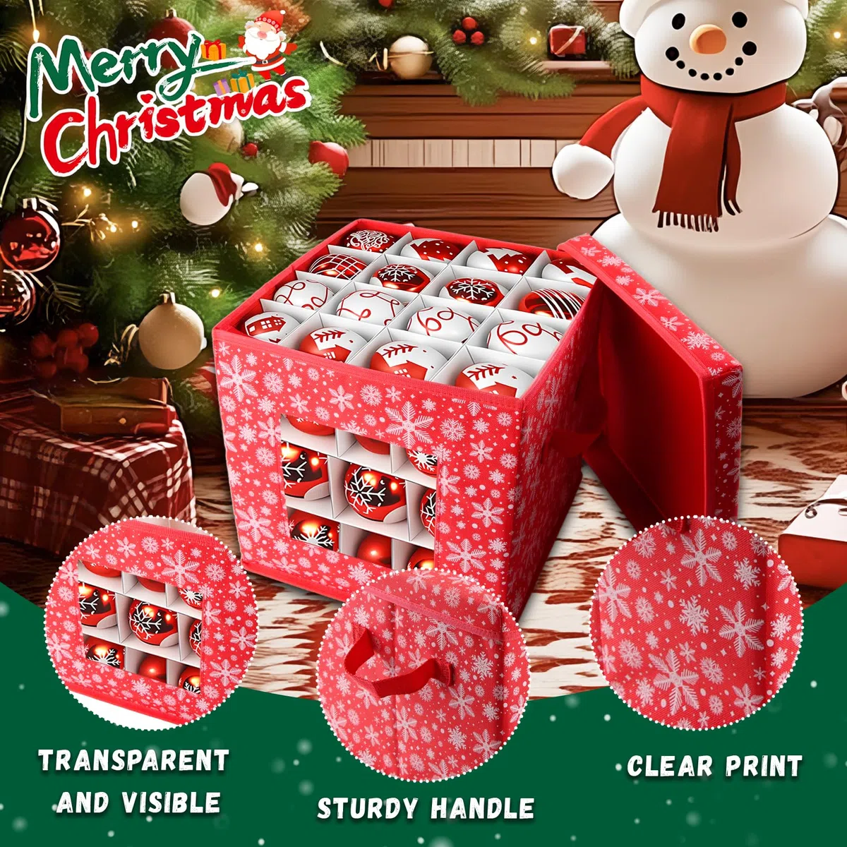 Porta Palline Natale, Cassa per 64 Palline, per Proteggere e Organizzare Le Decorazioni Dell'Albero, 30x30x30cm