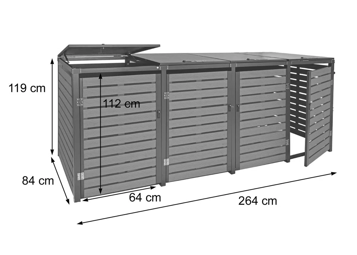 4x copribidoni box spazzatura rifiuti HWC-K14 84x264x119cm metallo WPC marrone