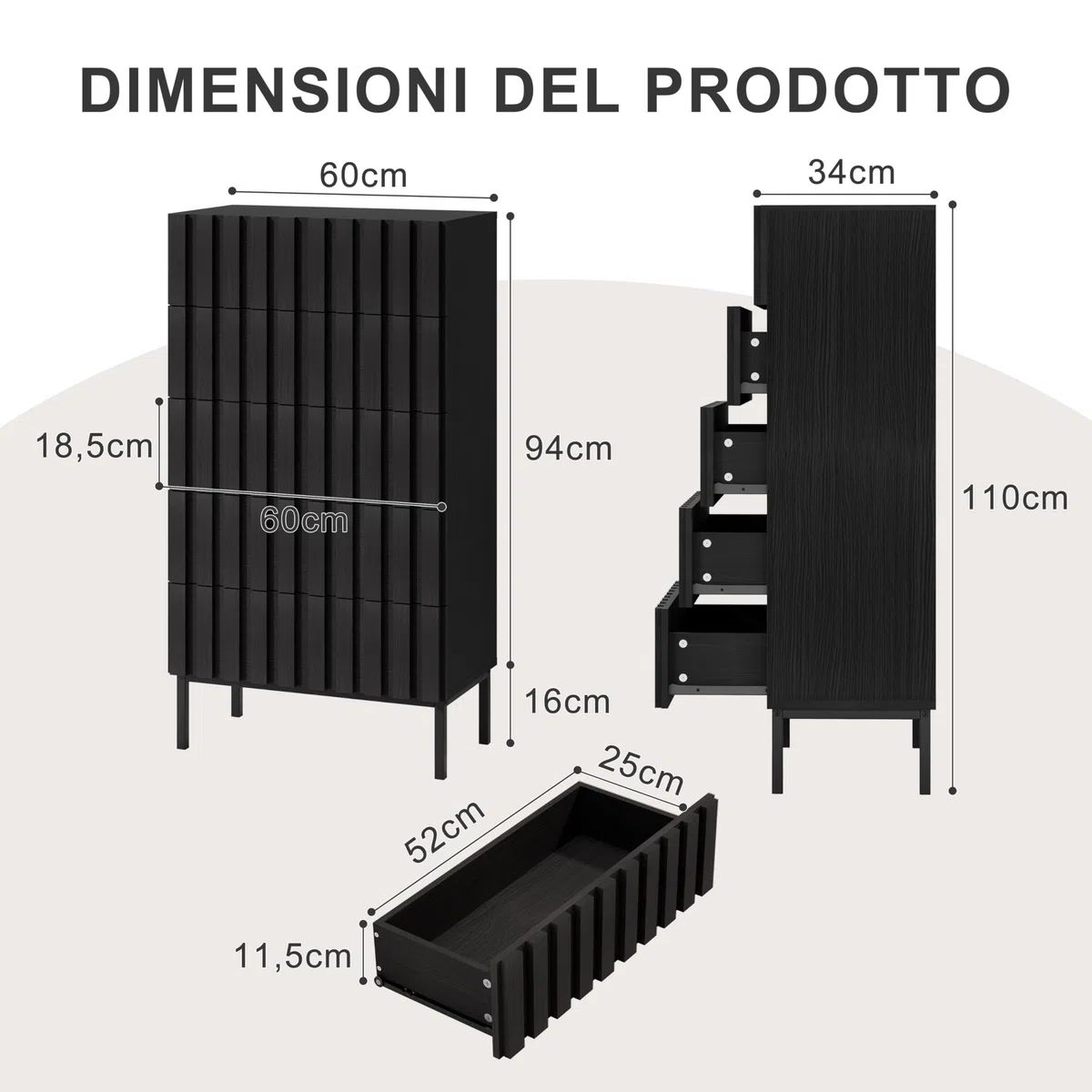 UEV Cassettiera Naturale con 5 Cassetti, Settimino Salvaspazio con Motivo a Doghe di Legno, Cassettiere Camera da Letto Solida e Stabile con Design Antiribaltamento, 60 x 34 x 110 cm, Nero