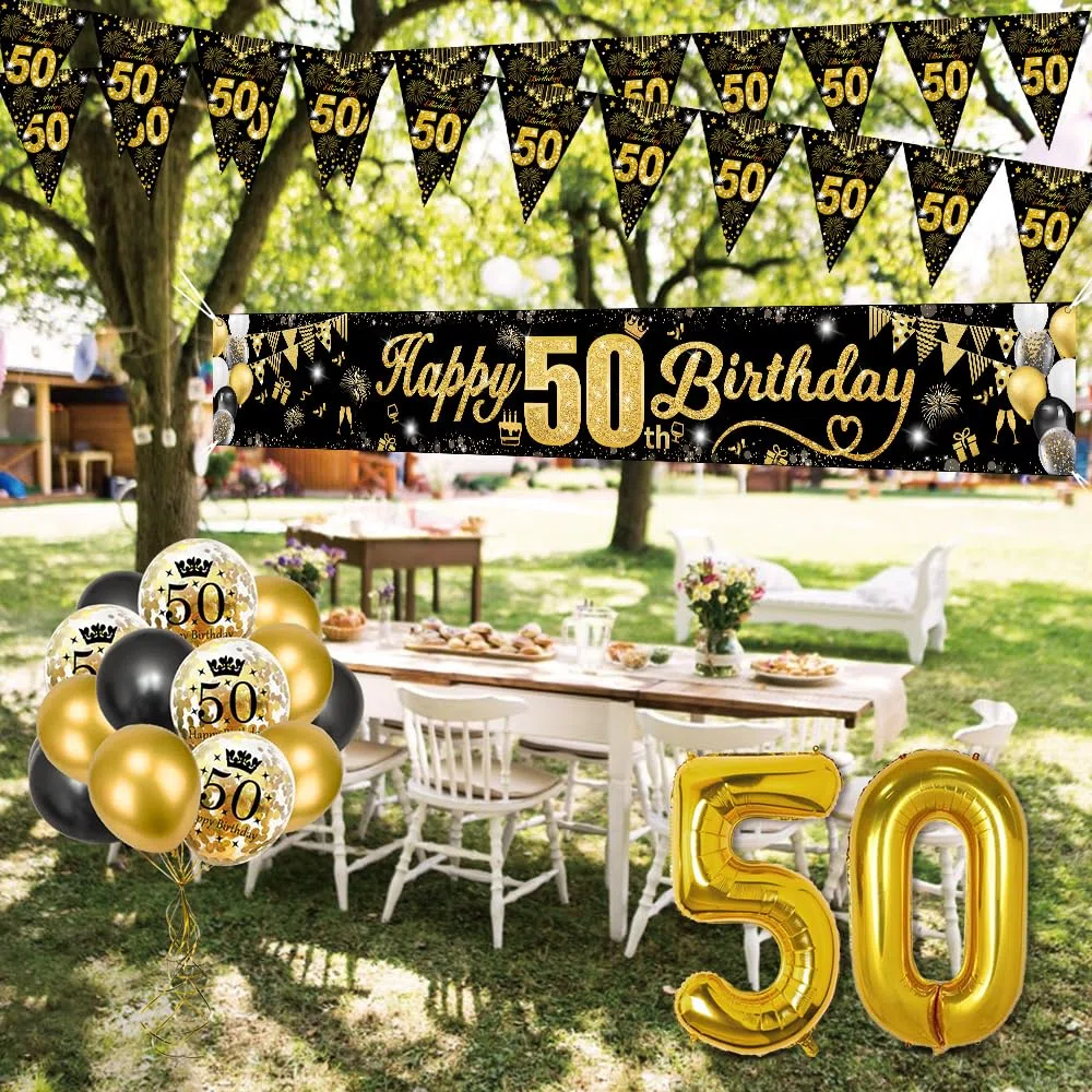 Palloncini 50 Anni Compleanno per Uomini e Donne, Oro Nero Happy 50th Birthday Striscione Oro Nero Palloncini con Coriandoli Fuochi D'artificio Striscione Bandiera Triangolare