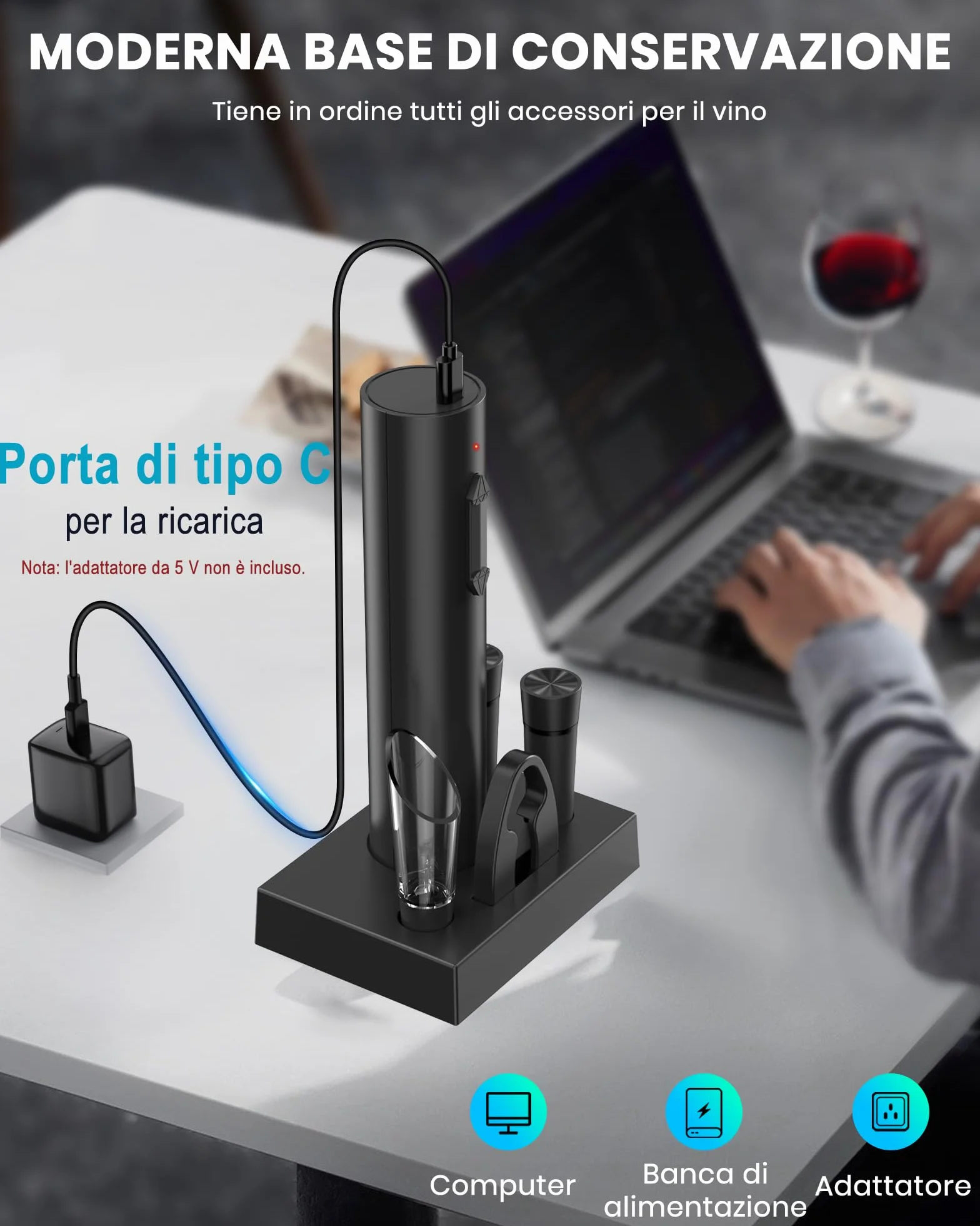 Cavatappi elettrico ricaricabile per vino con aeratore, 2 tappi sottovuoto e taglierina in alluminio, regalo uomo donna