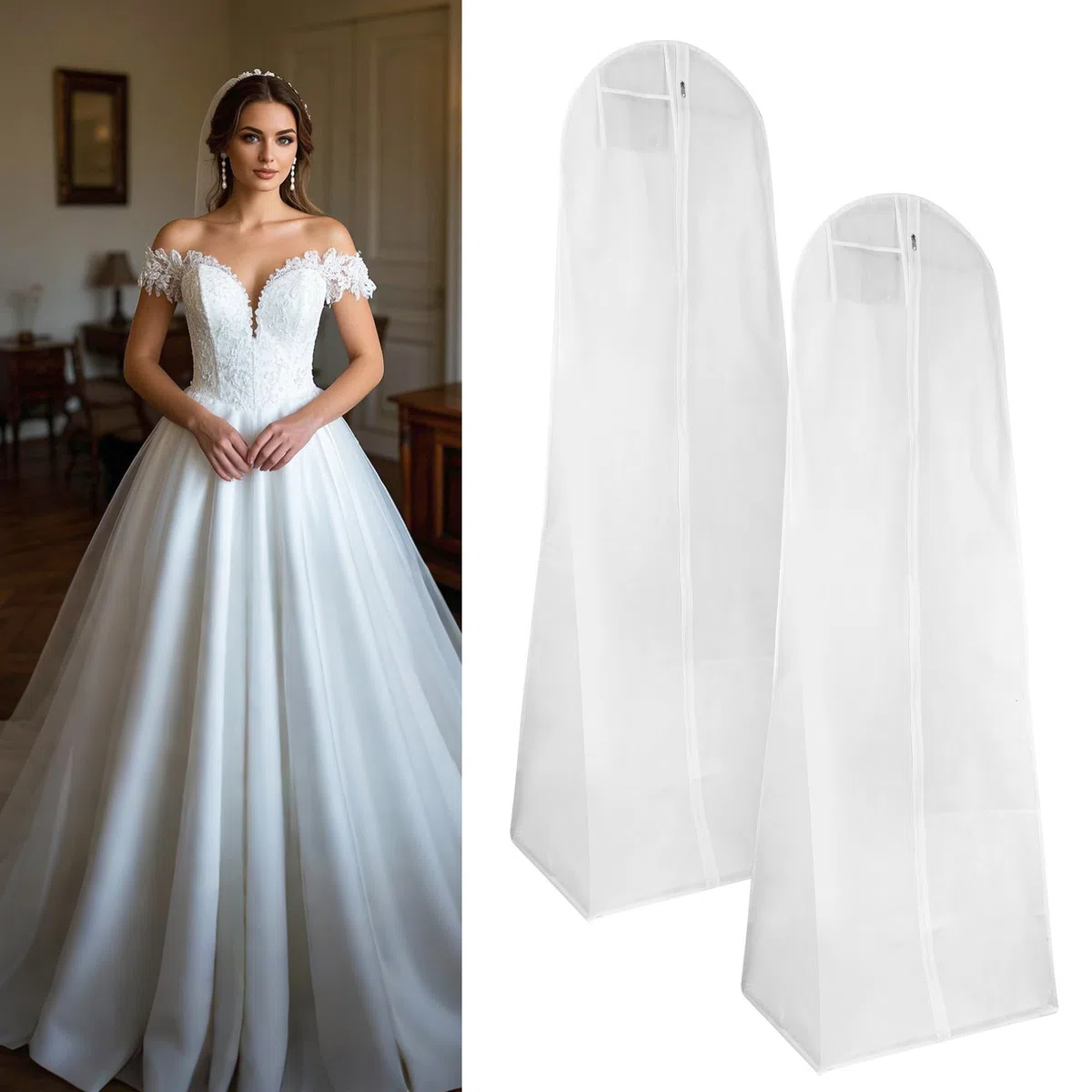 2 Pezzi Custodia Porta Abito da Sposa Copriabiti Antipolvere 180 cm per Indumenti per Abiti da Sposa,Con Cerniera, Adatta per Abiti da Sposa, Abiti, Cappotti, Cappotti Lunghi, ecc
