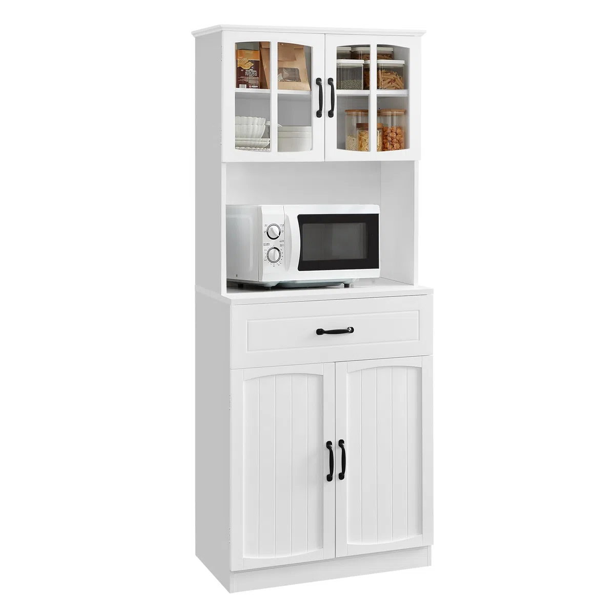 VASAGLE Credenza Alta Cucina, Dispensa Mobile da Cucina con Ante in Vetro e Ripiani Regolabili, Cassetto, Foro per Cavi, per Microonde, Stile Moderno, Bianco LSC361W21
