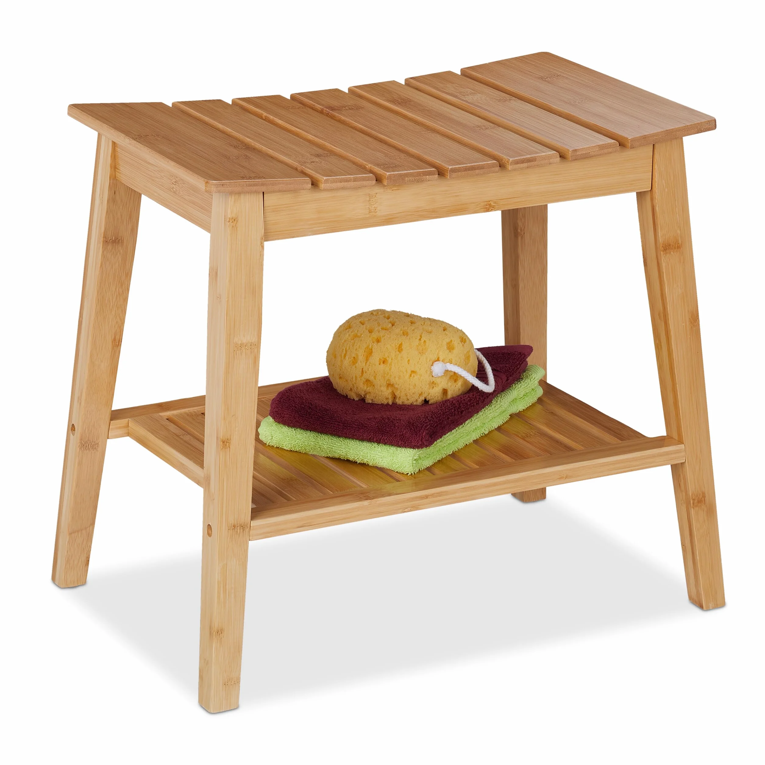 Relaxdays Sgabello da Bagno con Ripiano, Mobiletto in bambù, 45 x 51,5 x 34 cm, Sgabellino per Corridoio, Marrone Chiaro