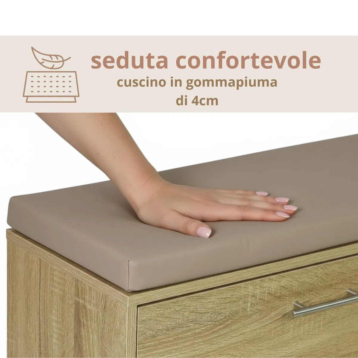 Marvin Scarpiera Panca da Ingresso con Anta – Portascarpe Salvaspazio in Legno con Cuscino Seduta e Anta a Ribalta per Cabina Armadio Corridoio o Camera Design 100x30x46 cm (Rovere/Cuscino Tortora)