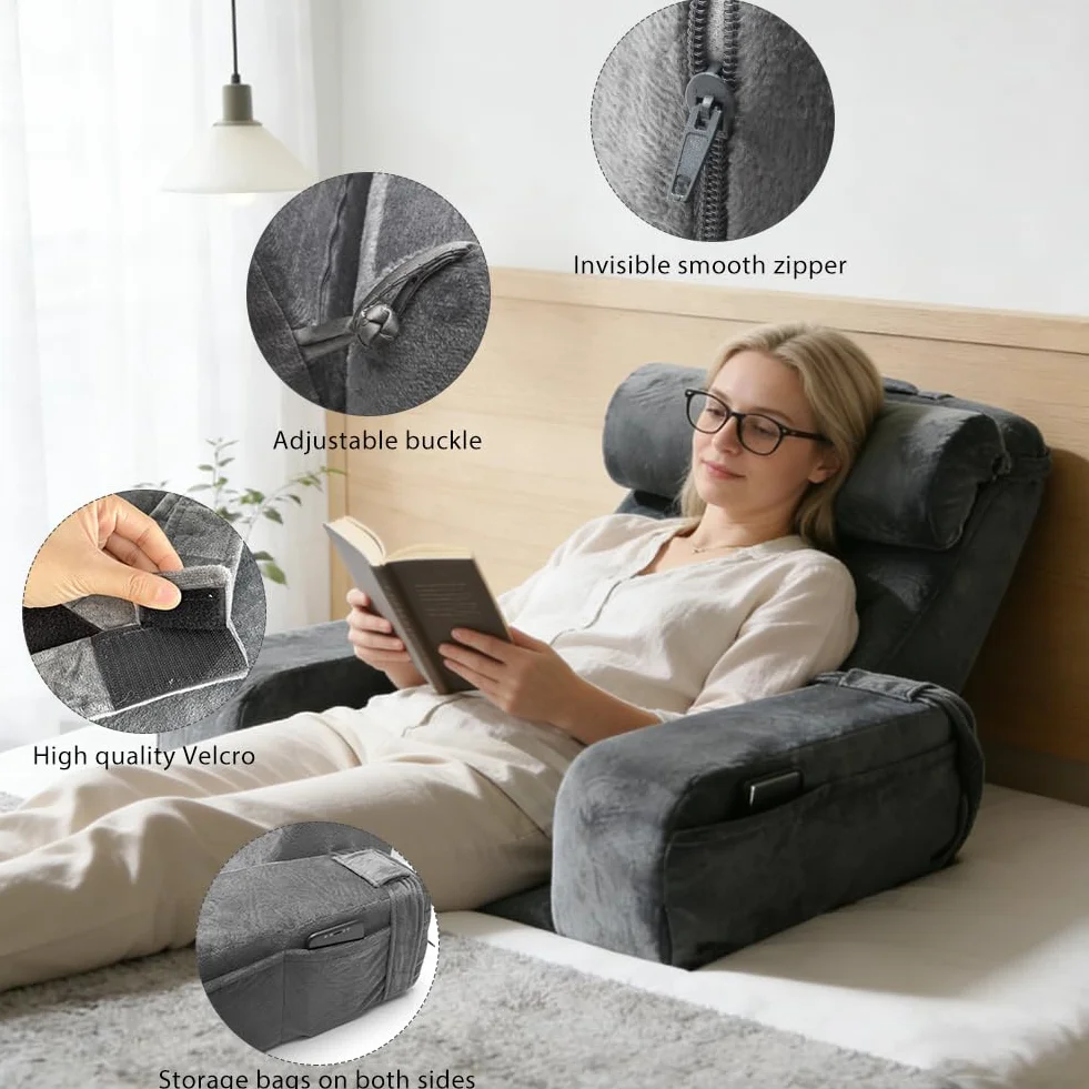 Cuscino da lettura per letto e divano, grande cuscino da lettura con corrimano, in schiuma ad alta densità, cuscino per libri con cervicale rimovibile e bracciolo, cuscino per la schiena, per leggere