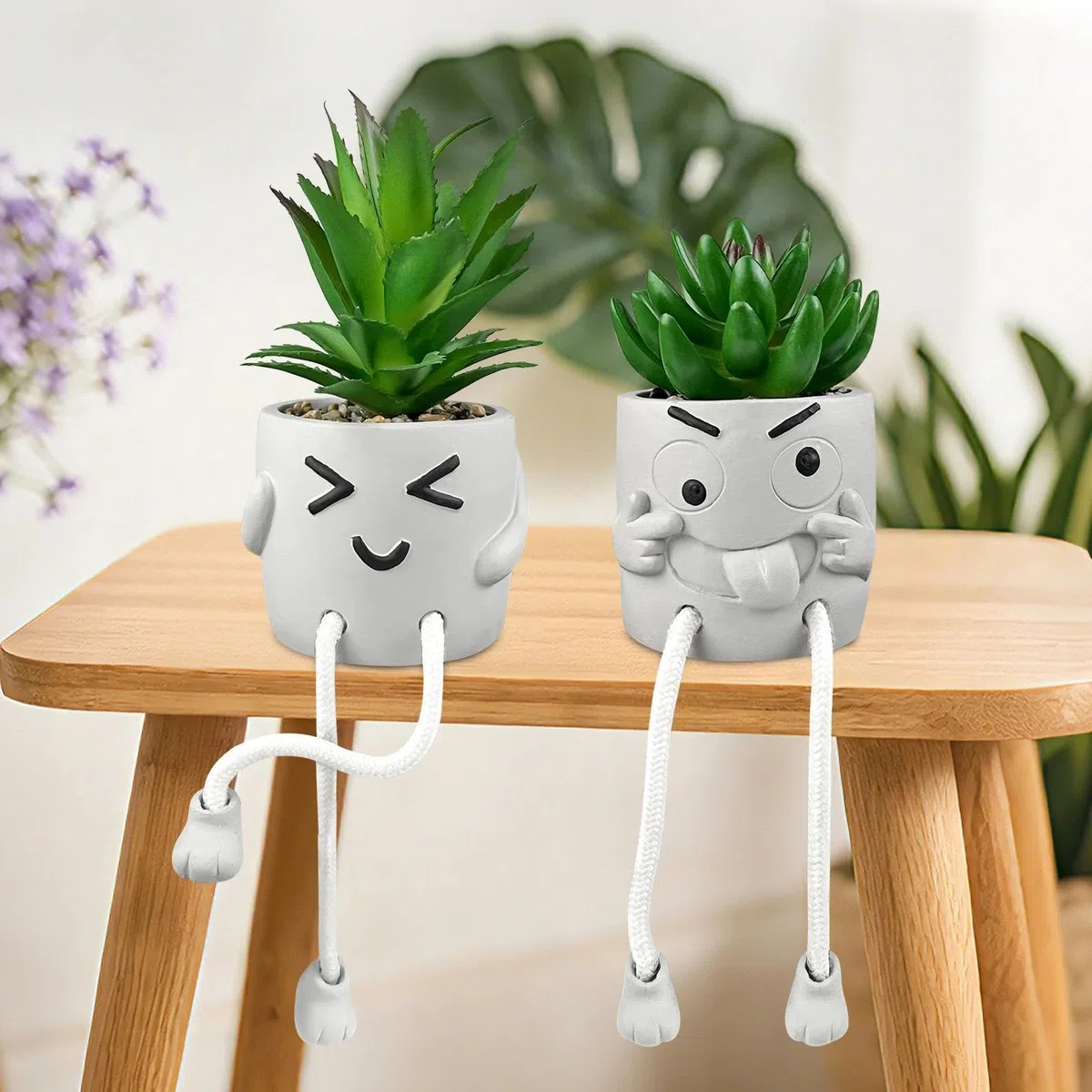 Creative Piante Finte Decorazione da Interno, Piante Artificiali con Gamba Appesa, Piantine Finte Decorative con Cemento Vasetto Emozionale per Casa, Ufficio, Scrivania, Soggiorno e Mensole