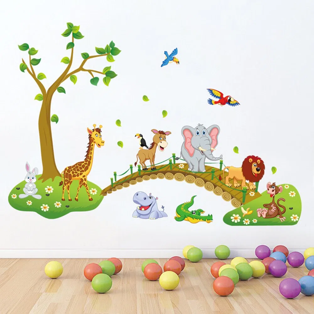 decalmile Adesivi Murali Bambini Animali della Giungla Albero Adesivi da Parete Leone Giraffa Elefante Stickers Murali Stanza dei Bambini Asilo Nido Camera da Letto Decorazioni Parete