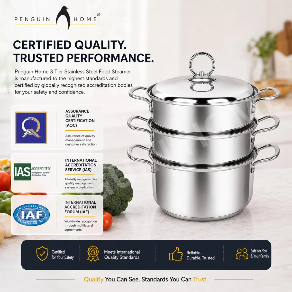 Penguin Home® Set per cottura a vapore a 3 livelli 3 litri 20 cm | Cassaforte a induzione | Piroscafo per alimenti a tre livelli in acciaio inossidabile |Piroscafo da cucina per cucinare |