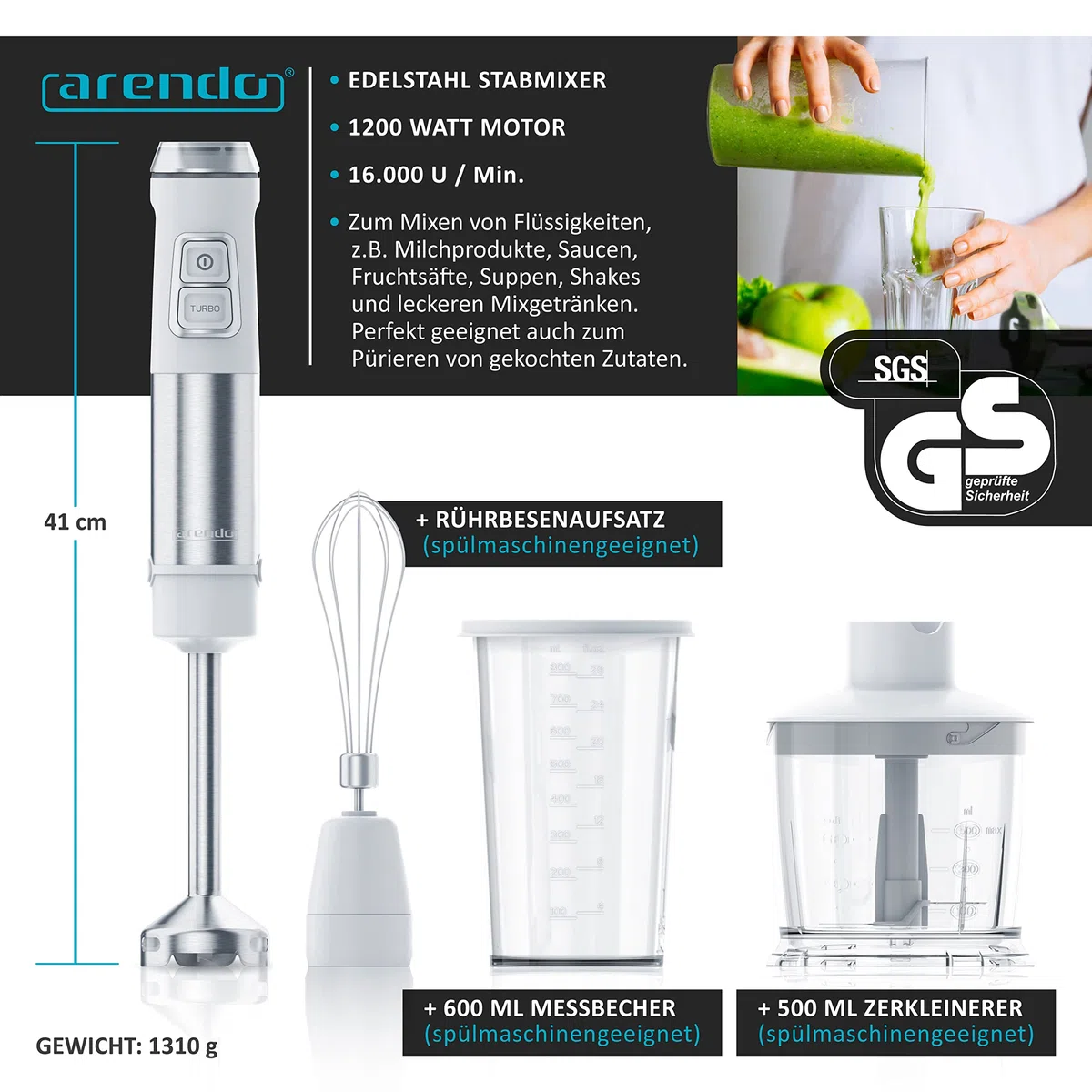 Arendo - Frullatore a immersione in acciaio inox da 1200 Watt - Frullatore ad immersione - Velocità continua - Coltello a 4 ante - Misurino da 800 ml - frusta - Piedino rimovibile