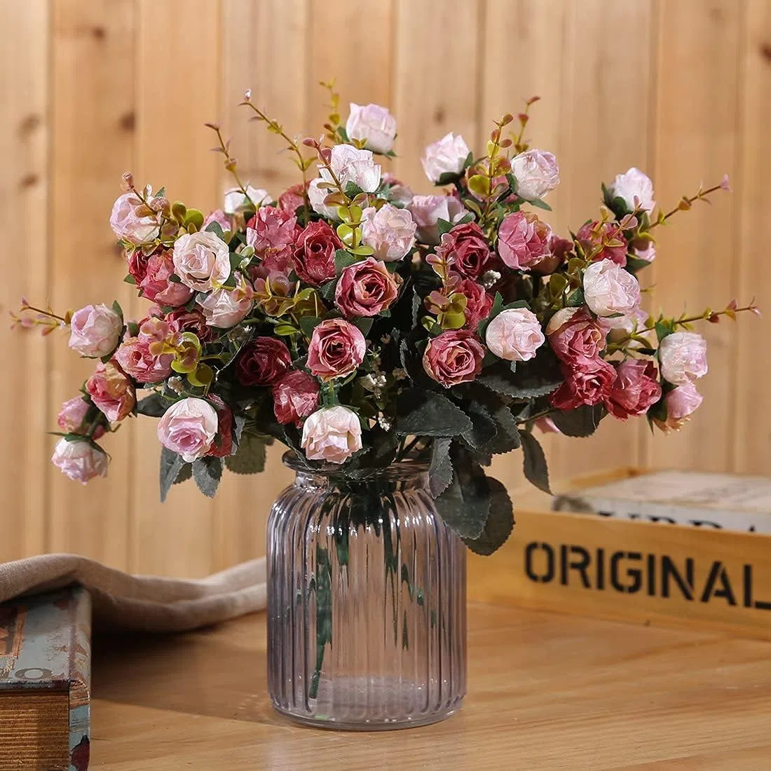 Fiori Finti per Decorazioni, 21 Teste Di Foiri Artificiali, 2 Bouquets Fiori Artificiali per Decorazioni, Matrimoni e Abitazioni, Fiore Finto per Cimitero (Rosso Rosa)
