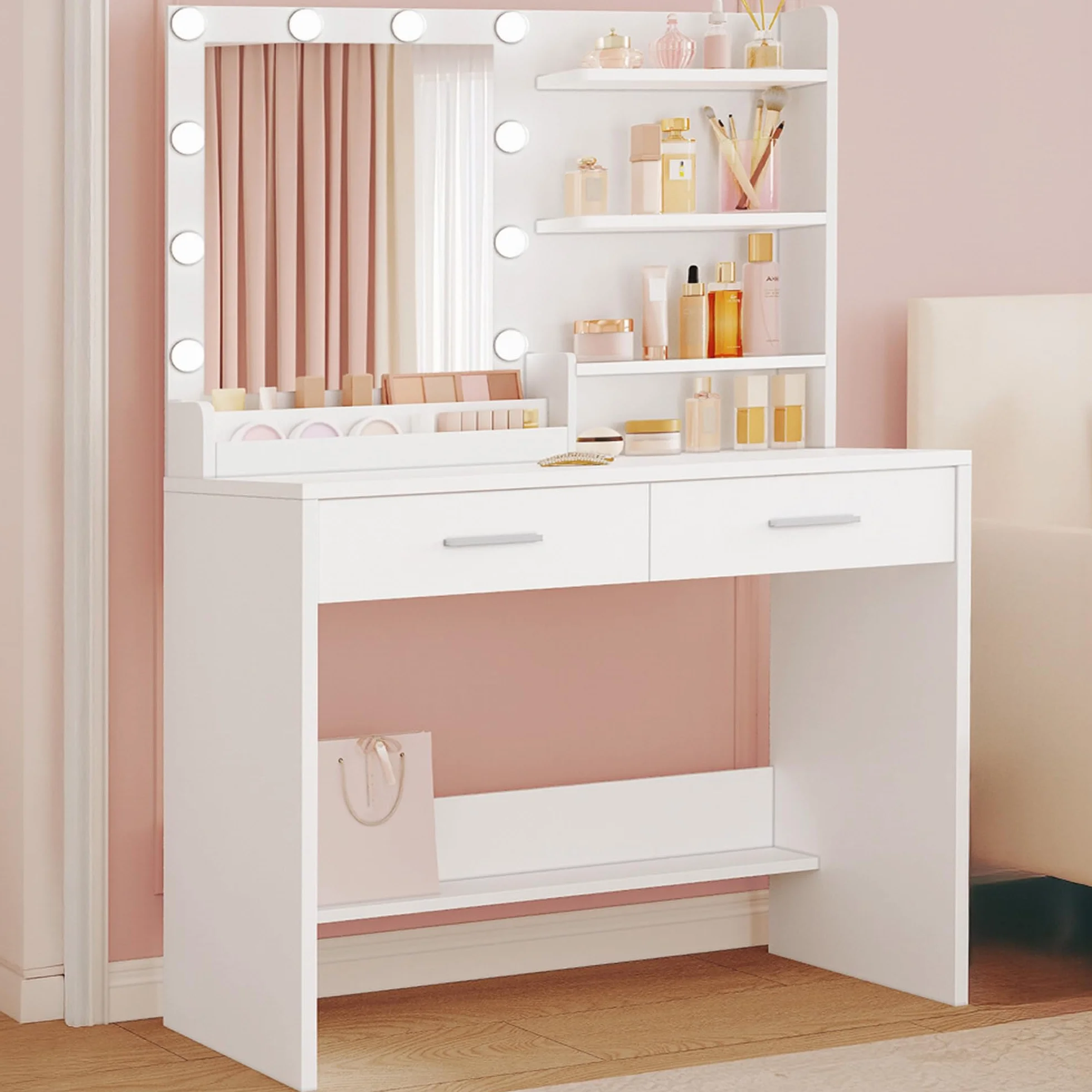 Hzuaneri 90 cm Toeletta da Trucco con Illuminazione a LED, Toeletta da Trucco con specchio, 3 livelli di luminosità, 2 cassetti, 4 ripiani aperti e 2 scomparti, moderna, Bianca DT42703XEU
