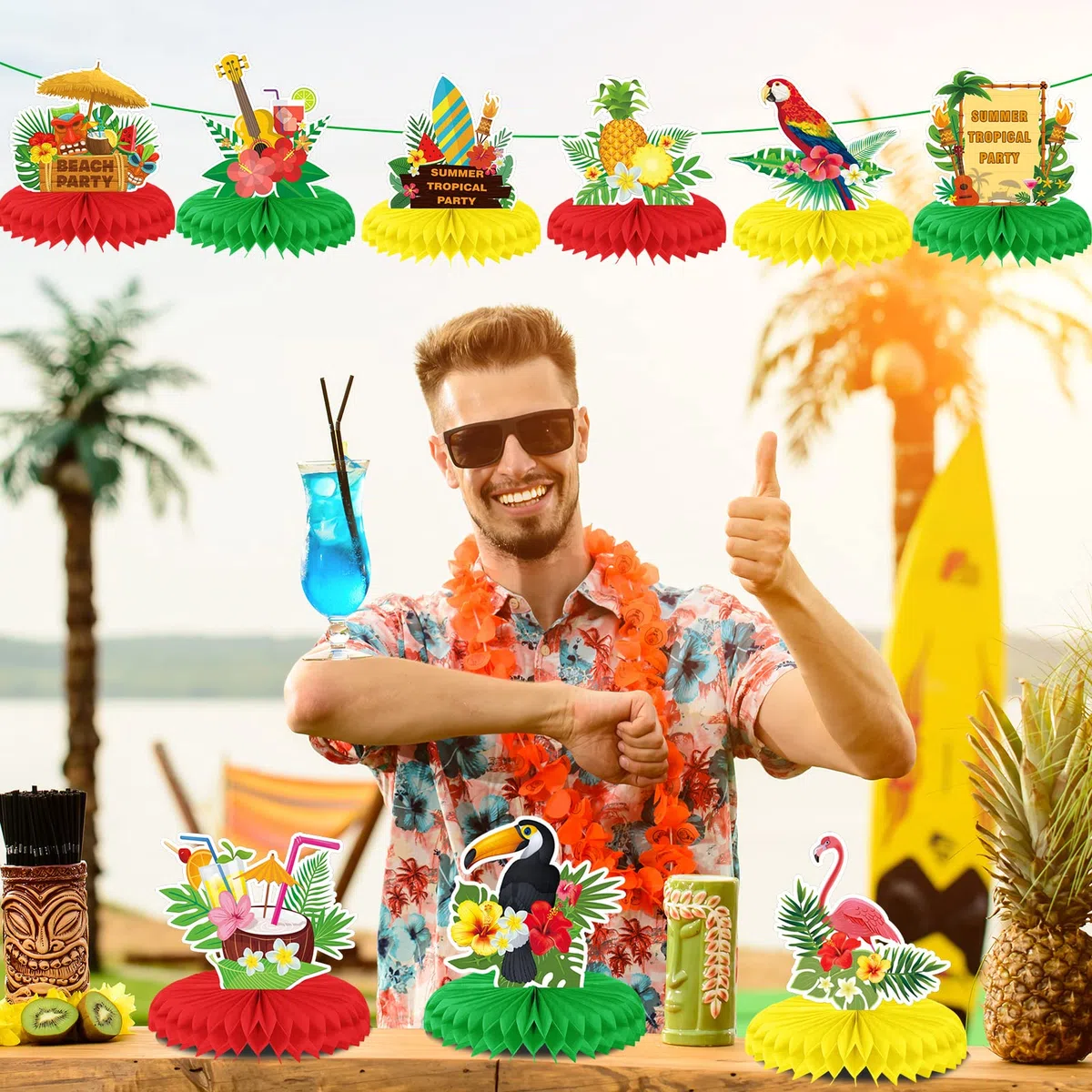 HOWAF 9 Pezzi Centrotavola Hawaiano, Aloha Decorazioni da Tavola Fenicotteri Rosa Ananas Noce di Cocco Centrotavola a Nido d'Ape Hawaiano Luau Tiki Centrotavola Tropicale 3D per Addobbi Festa Hawaiana