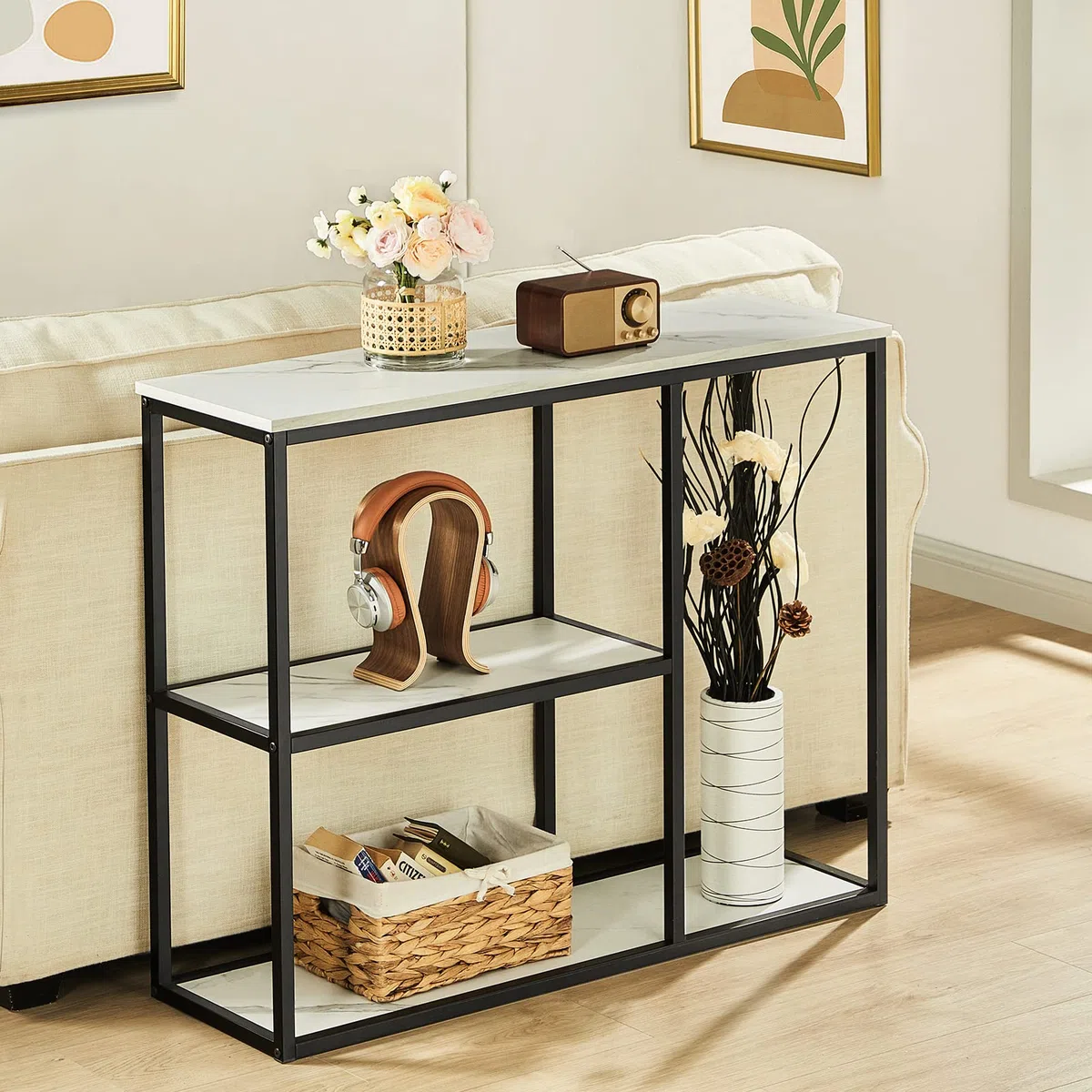 WOHOMO Tavolo consolle da ingresso stretto da 30 cm, per soggiorno, 80 cm, moderno, industriale, con ripiani portaoggetti a 3 ripiani, per corridoio, corridoio, marmo bianco