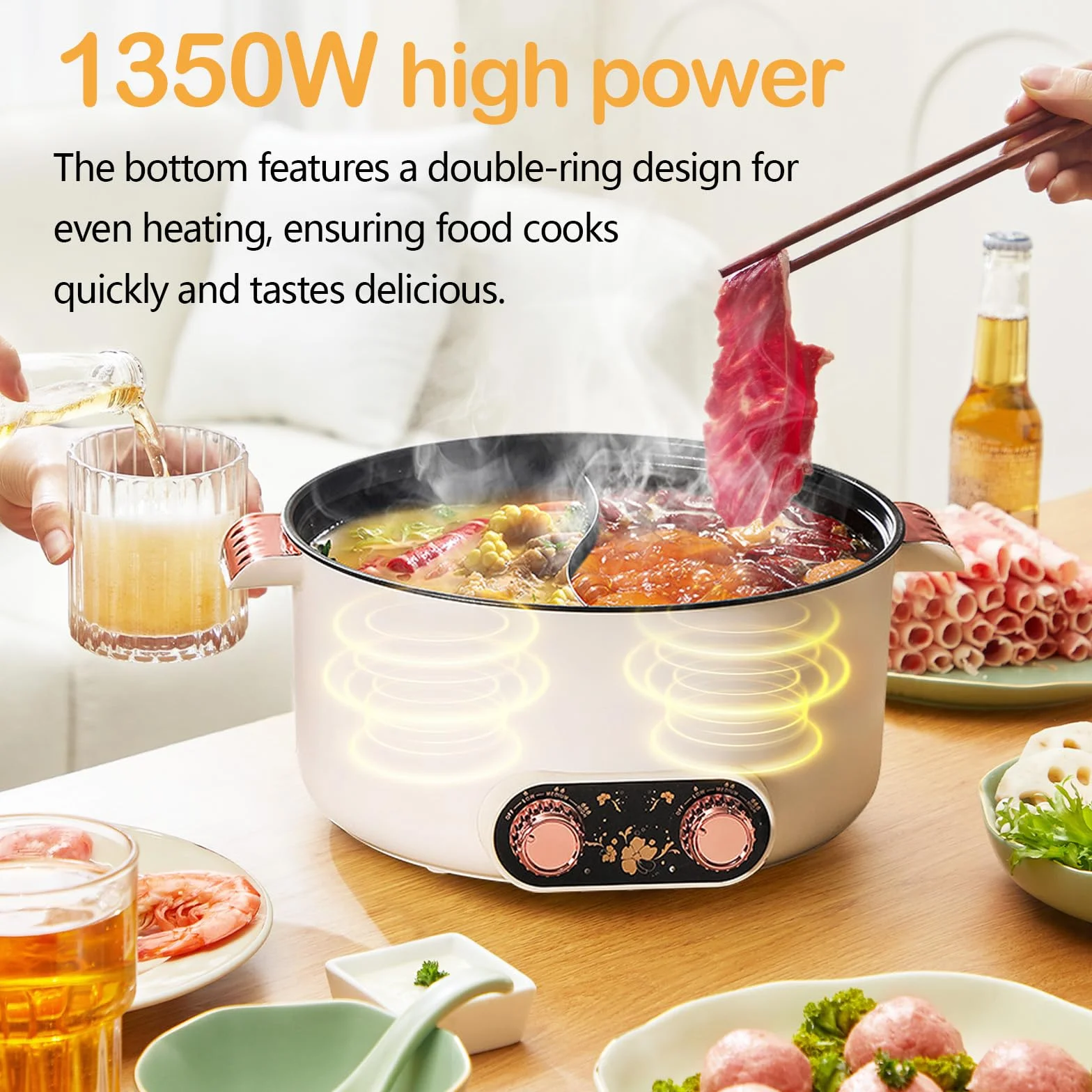 Pentola Elettrica, Pentola per Friggere da 5 Litri con Design a Scomparti Vaporiera Elettrica Antiaderente da 1350 W con 3 Regolazioni di Potenza per Cucinare in Pentola Preparare Zuppe Cucinare Noodl